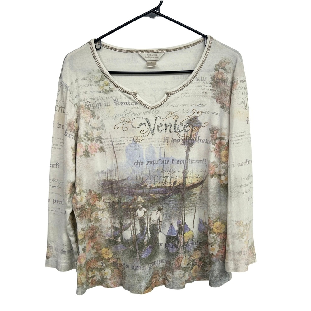 Venice Italy Fairy Graphic Top XL Whimsy Floral Rhinestone Cotton Ethereal Euro